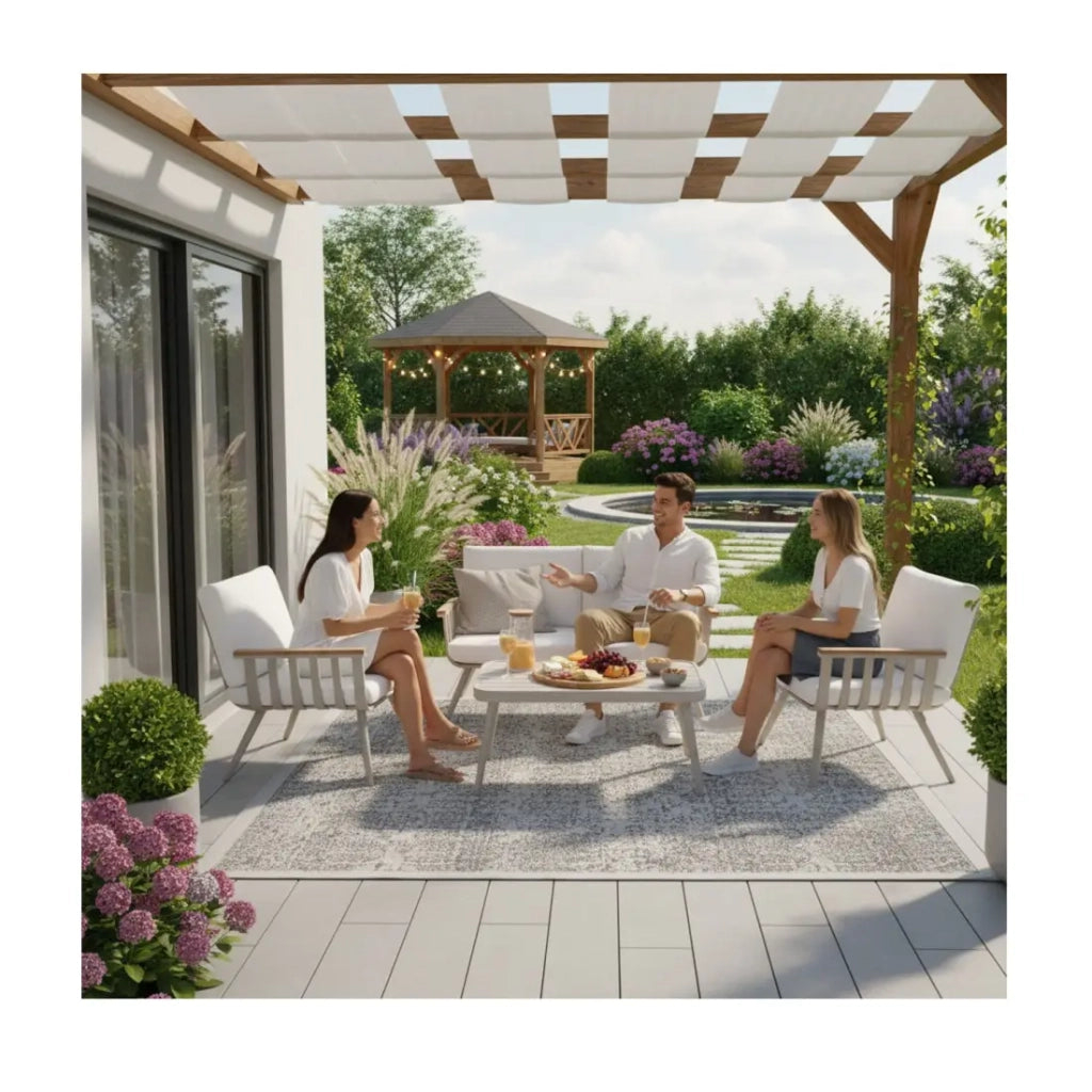 Set da giardino LUMERA 4 posti in alluminio con divano 2 posti, poltrone e tavolino basso beige