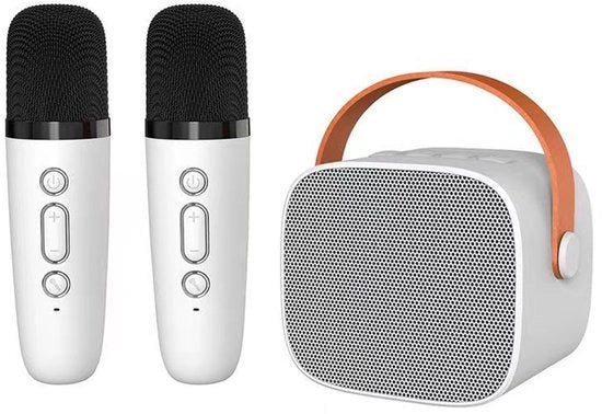 Macchina di karaoke wireless bianca con 2 microfoni wireless
