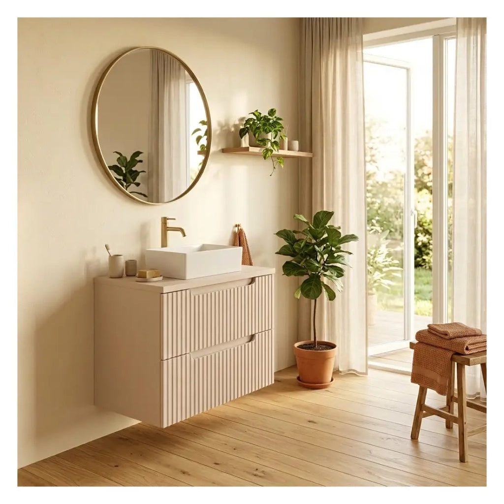 Set da bagno VANO cashmere opaco 50cm: mobile sottolavabo con cassetti scanalati verticalmente + piano per lavabo
