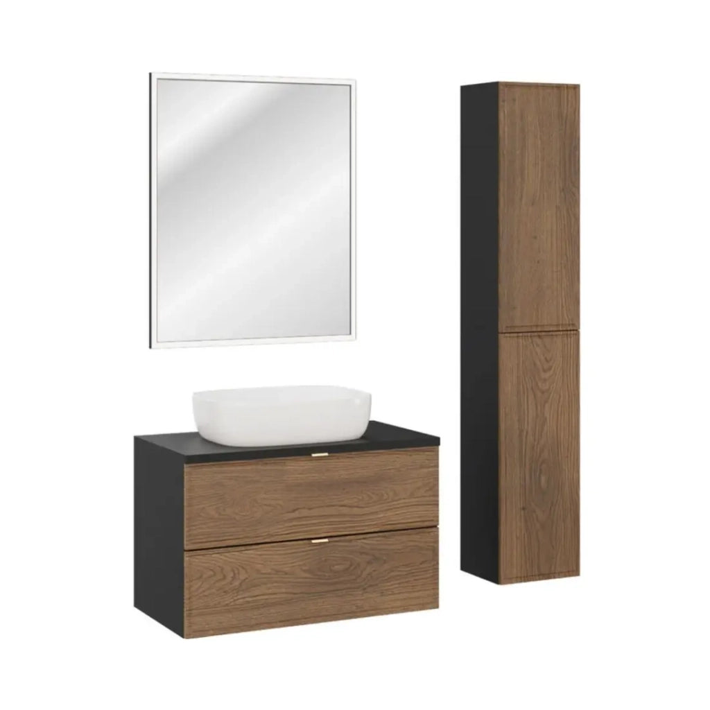 Set SAVIA: mobile sottolavabo 80cm + lavabo da appoggio bianco + specchio LED + mobili contenitori