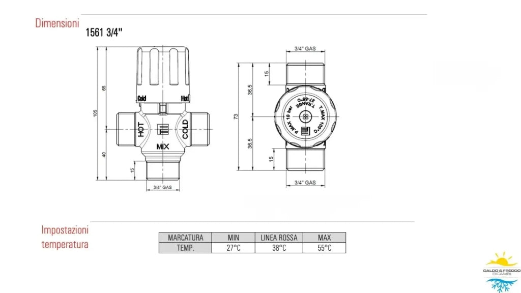 Valvola miscelatrice termostatica con attacchi maschio da 3/4" per impianti solari HELYOS