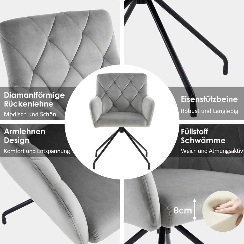 Sedia da Pranzo Set da 2 con Schienale Ergonomico e Braccioli, in Velluto Grigio Chiaro