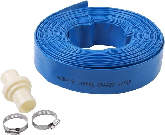 Serpentino di scarico 20 m x 38 mm con 2 viti - per pompe immersioni e altre pompe acqua - irrigazione giardino - blu