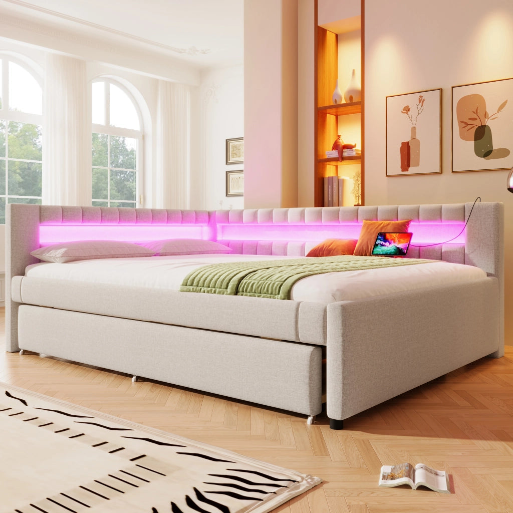 Letto a scomparsa con LED - Zephmum - 140x200cm - Beige - Luci integrate, USB, Type-C