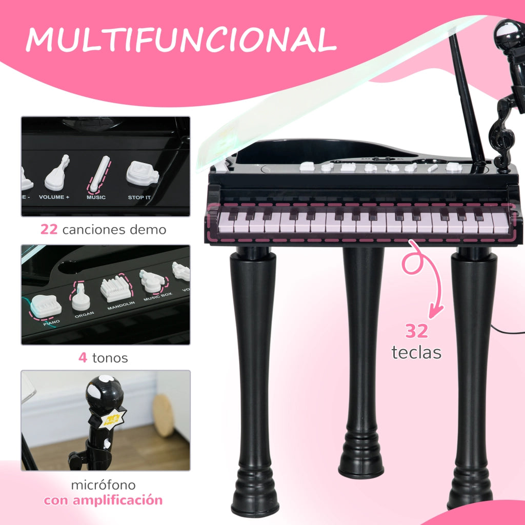 Piano per Bambini 32 Tasti con Microfono e Luci ¨C Minimal ¨C 37x30,5x60,4 cm Nero