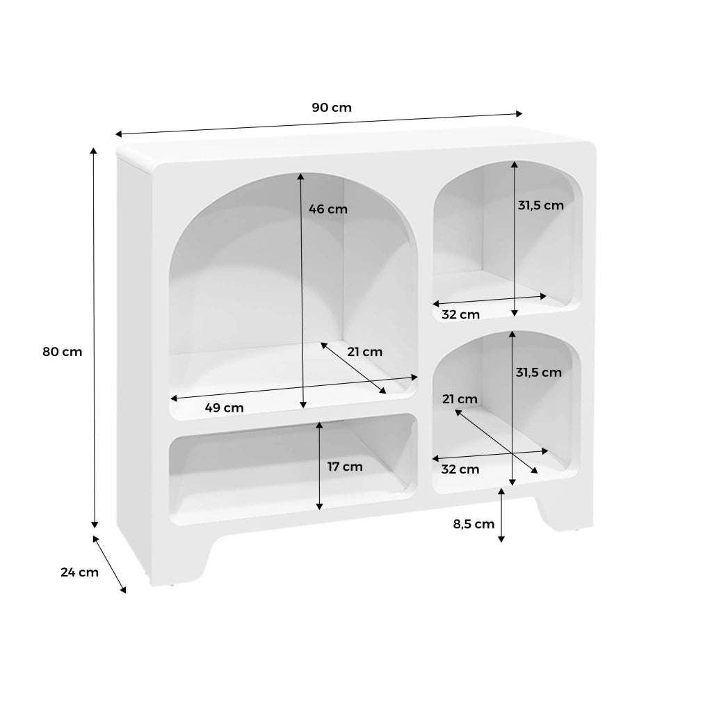 Credenza organica a 4 scomparti effetto legno bianco, 90cm, bianco
