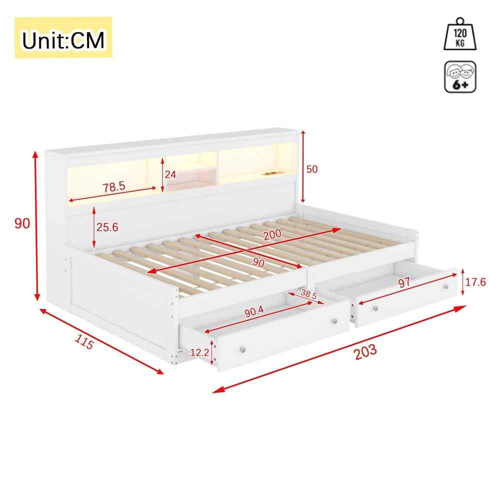 Letto Singolo con Divano, Comodino, LED e Cassetti ¨C MINIMAL ¨C Bianco 90x200