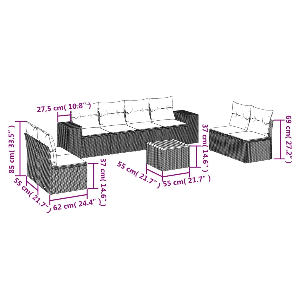 Set Divano da Giardino 9 pz con Cuscini Beige in Polyrattan 3225408