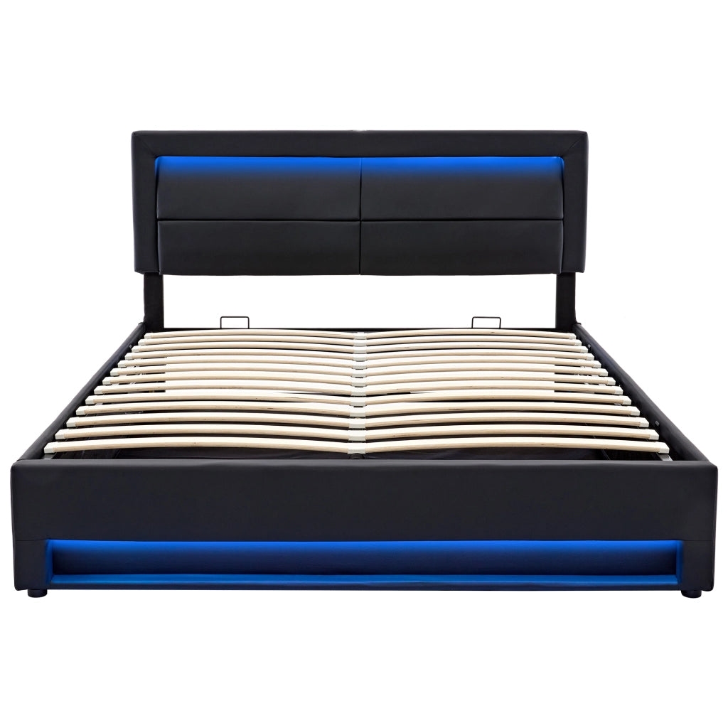 Letto imbottito 140 x 190 cm con USB, LED e contenitore, PU, nero