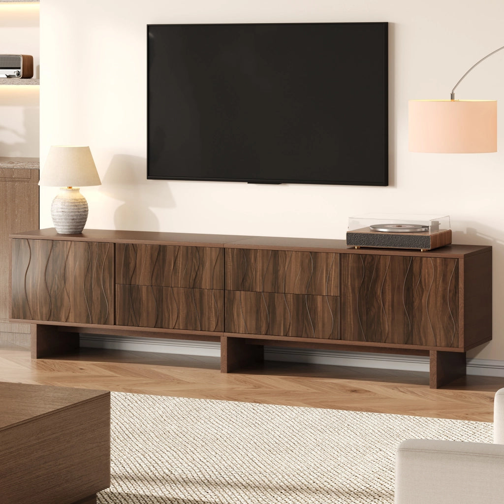 Mobile TV 180 x 40 x 56 cm con 4 cassetti e 2 ante, design ondulato, per TV fino a 75 pollici, colore noce