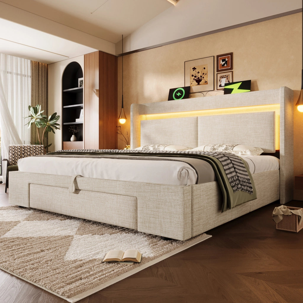 LETTO imbottito 160x200 cm Beige in lino con contenitore idraulico e LED
