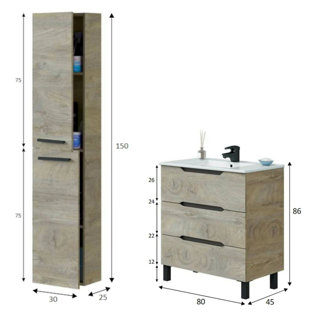Sortino, set Mobili Bagno 3 Cassetti, Marrone Quercia