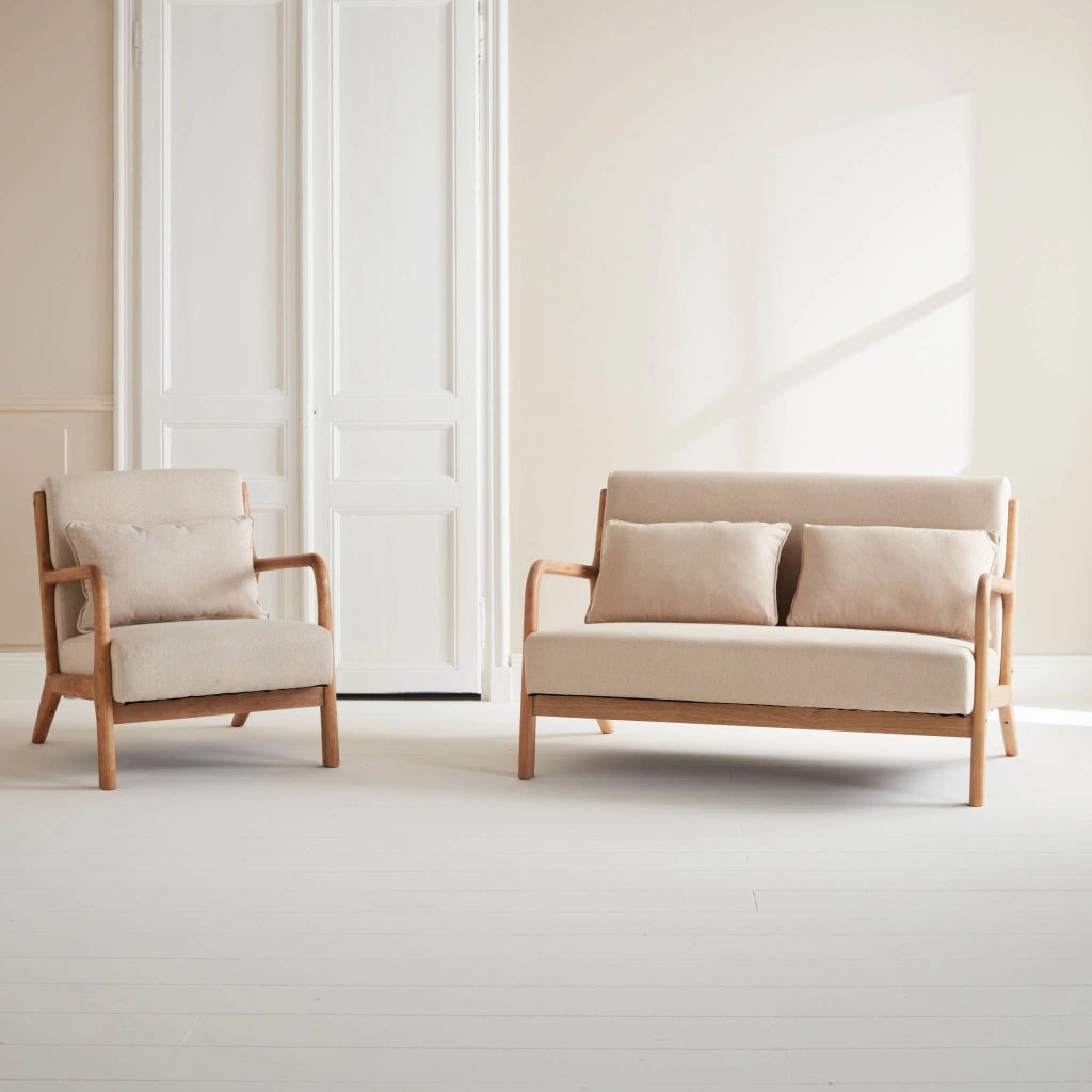 Set panca scandinava 2 posti e poltrona in legno, beige
