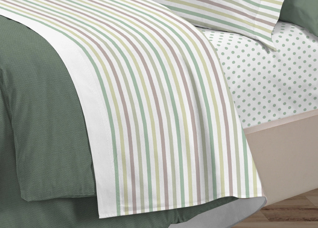 Completo Lenzuola Letto 100% Cotone Italy 3027 Disegno Riga Dots - Piazza E Mezza - Verde