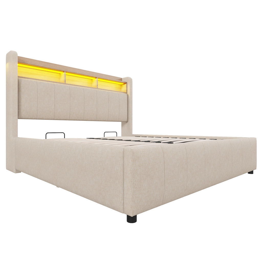 LETTO imbottito 140x200 cm Beige con LED, USB, porta Type-C e contenitore idraulico