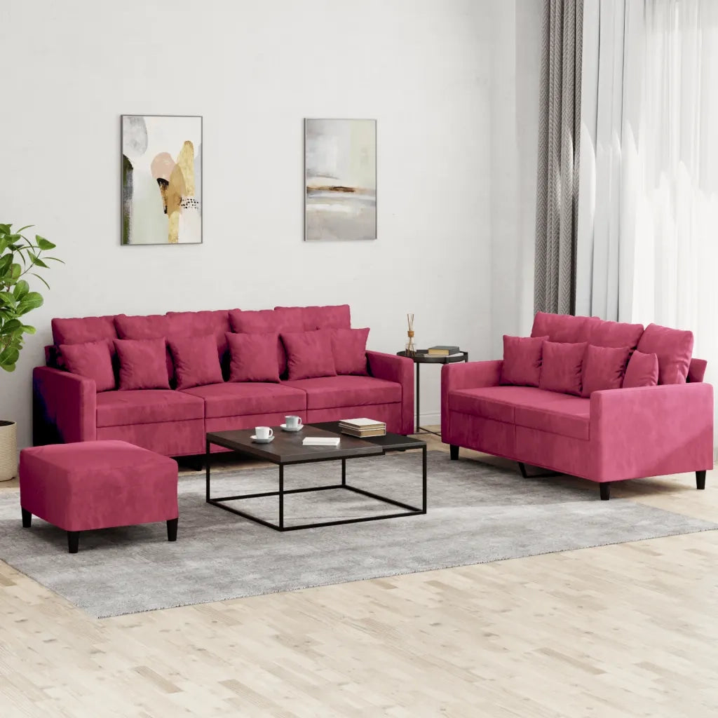 Set di Divani 3 pz con Cuscini Rosso Vino in Velluto