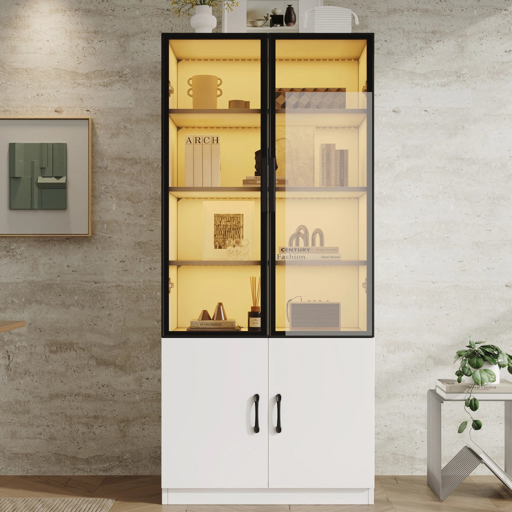 Vetrina con LED e ante in vetro fumé, struttura in truciolare e alluminio, bianco, a due porte inferiori, 120 × 40 × 160 cm