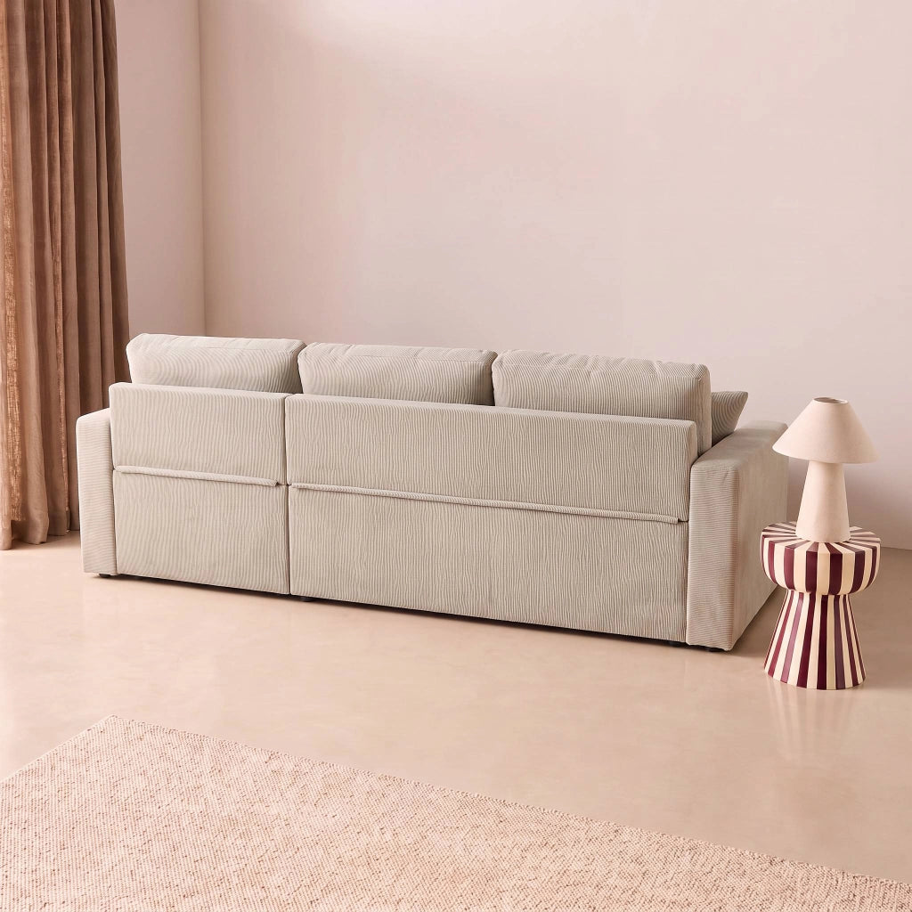 Divano letto angolare reversibile in velluto a coste, 3 posti, beige