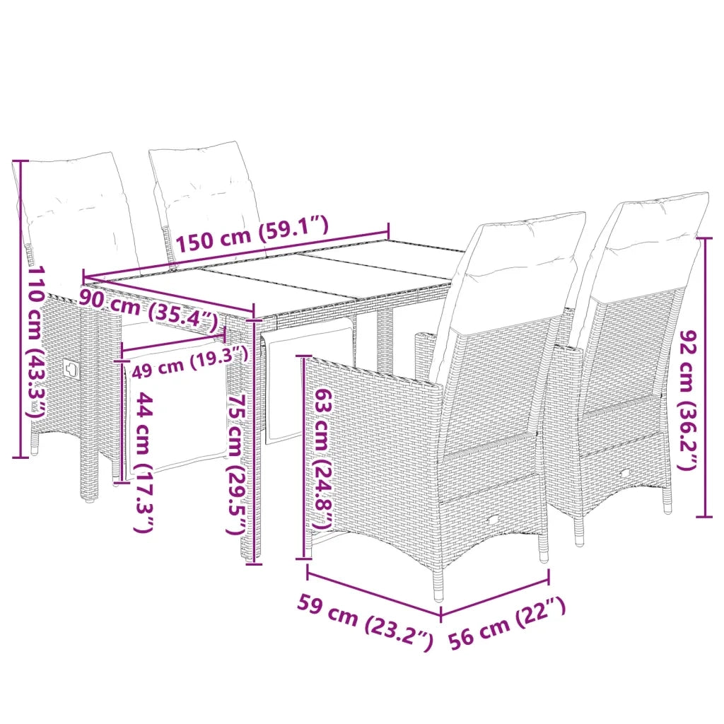 Set Bistrò da Giardino 5 pz con Cuscini in Polyrattan Grigio