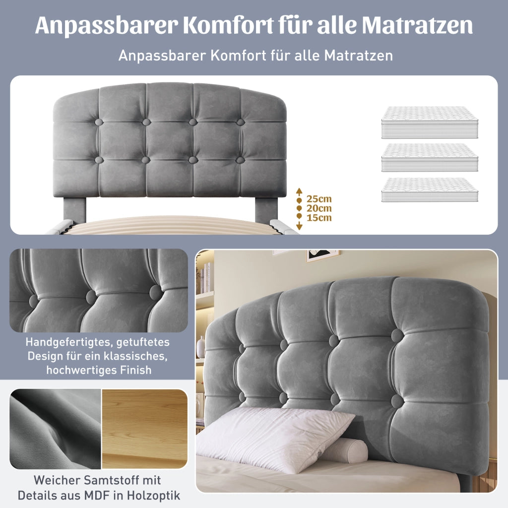 LETTO 90x200 cm Imbottito in Velluto Grigio con Cassetti e Testiera Regolabile