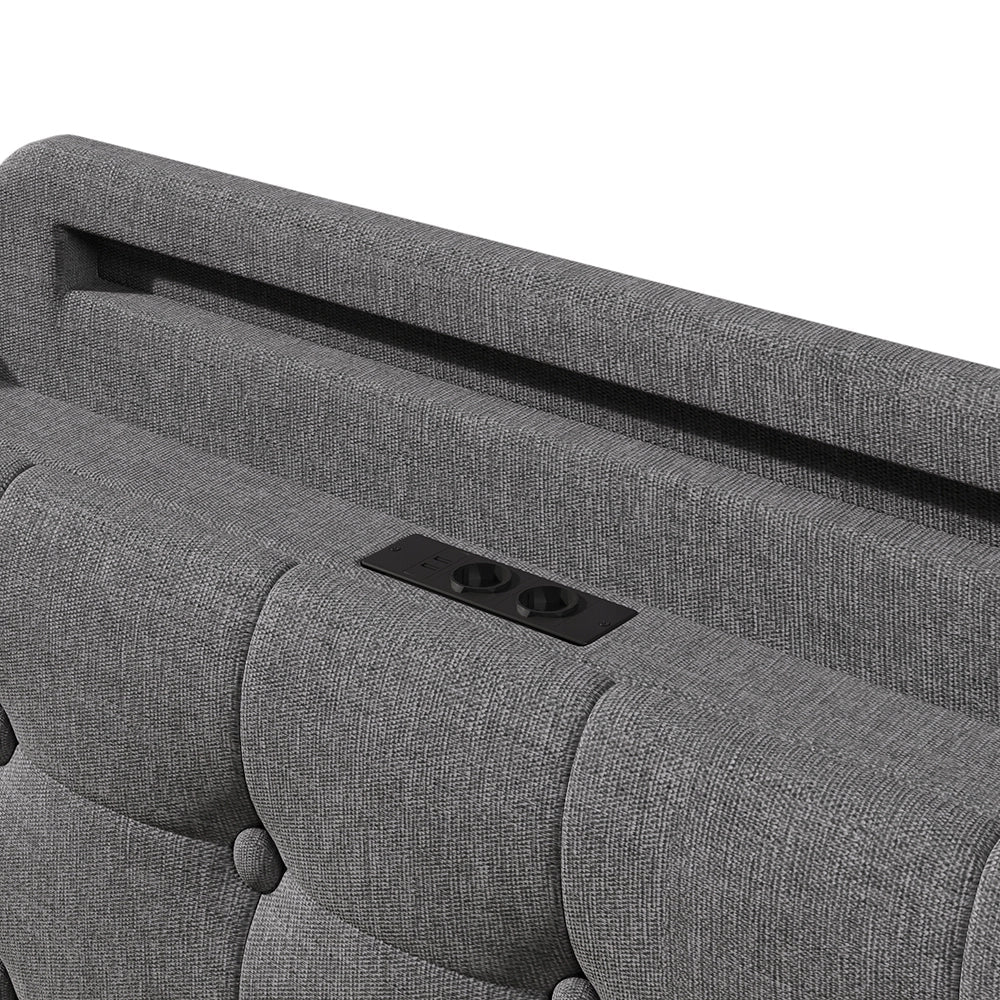 Letto-Xylo-140x200 cm-LED, USB-C, scomparti, lino grigio