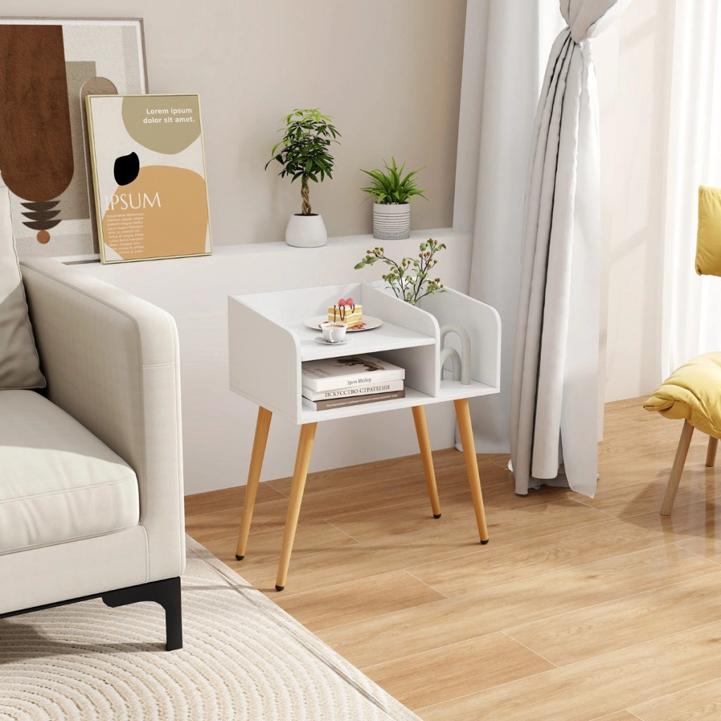 Comodino in stile moderno semplice ma pratico-Tavolino a 2 piani con mensole aperte Bianco + Naturale