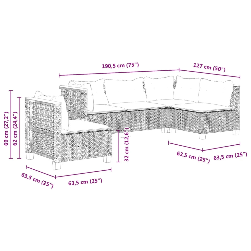 Set Divani da Giardino 5 pz con Cuscini in Polyrattan Nero 3261836