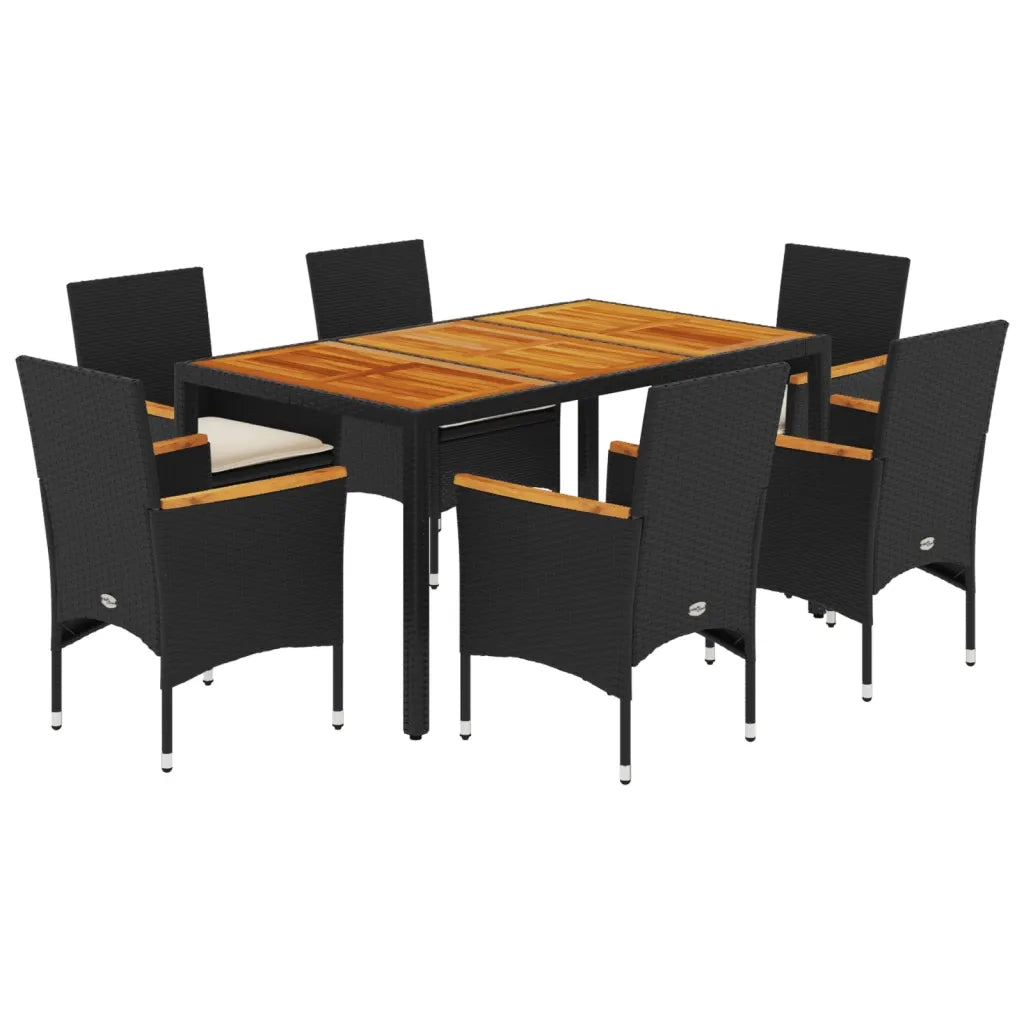 Set Pranzo da Giardino 7 pz Nero con Cuscini Polyrattan Acacia