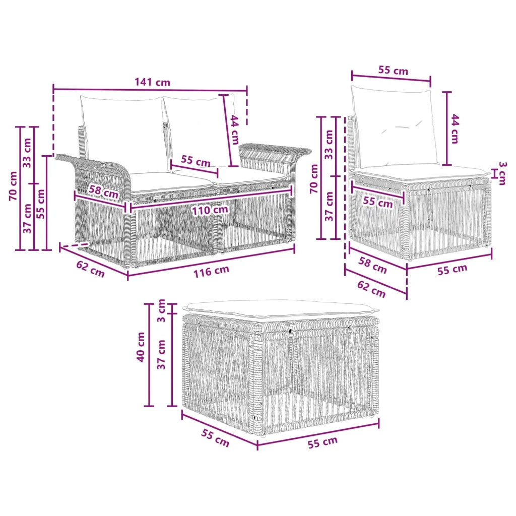 Set Divano da Giardino 4 pz | Set Salotto da Giardino Nero polyrattan