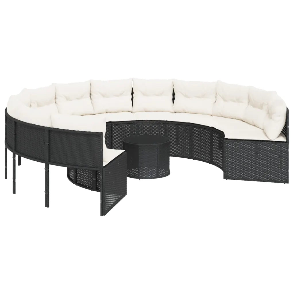 Divano Giardino con Tavolo e Cuscini Circolare Nero Polyrattan 3318544