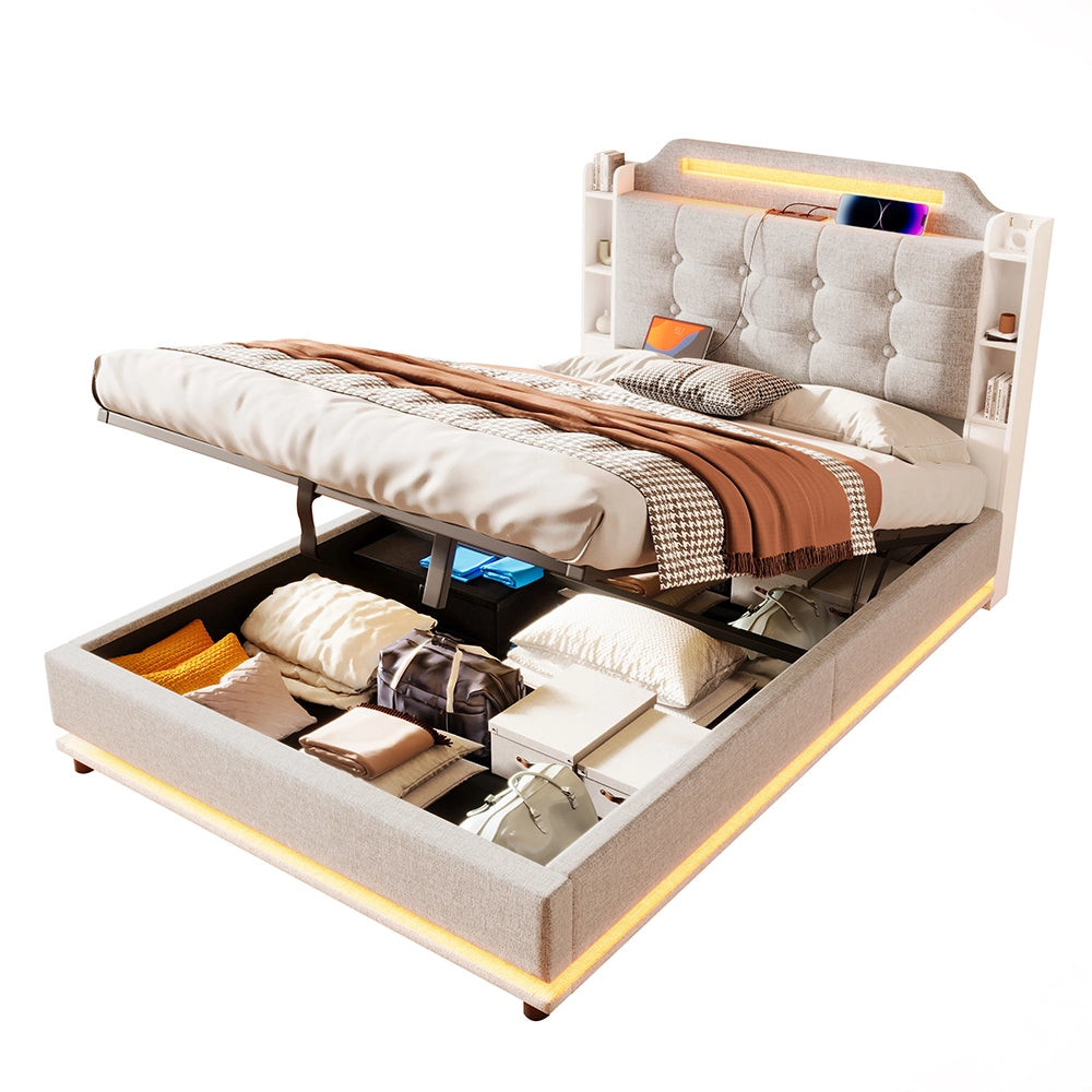Letto-Xylo-140x200 cm-LED, USB-C, scomparti, lino beige