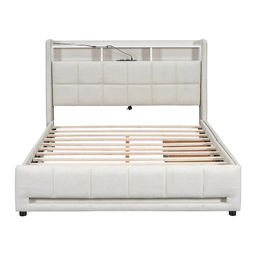 Letto con cassetti - Xylo - 140x200 cm - Lino Beige - Luci ambientali telecomando USB
