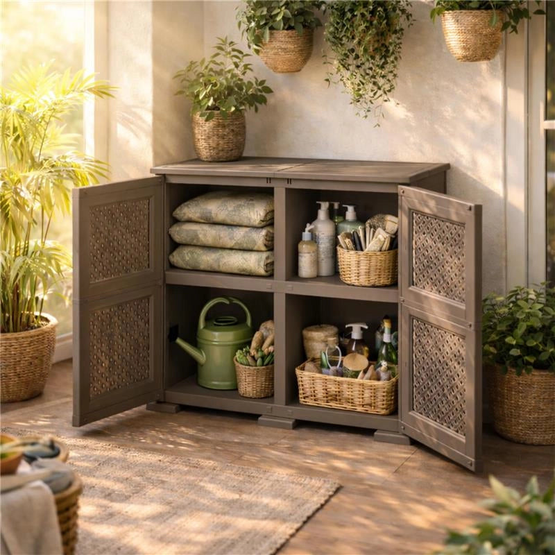ARMADIO 2 MODULI CON ANTA TRAFORATA WENGÉ 79X43X85,5 CM – MOBILE CONTENITORE MULTIUSO PER SALOTTO E BALCONE