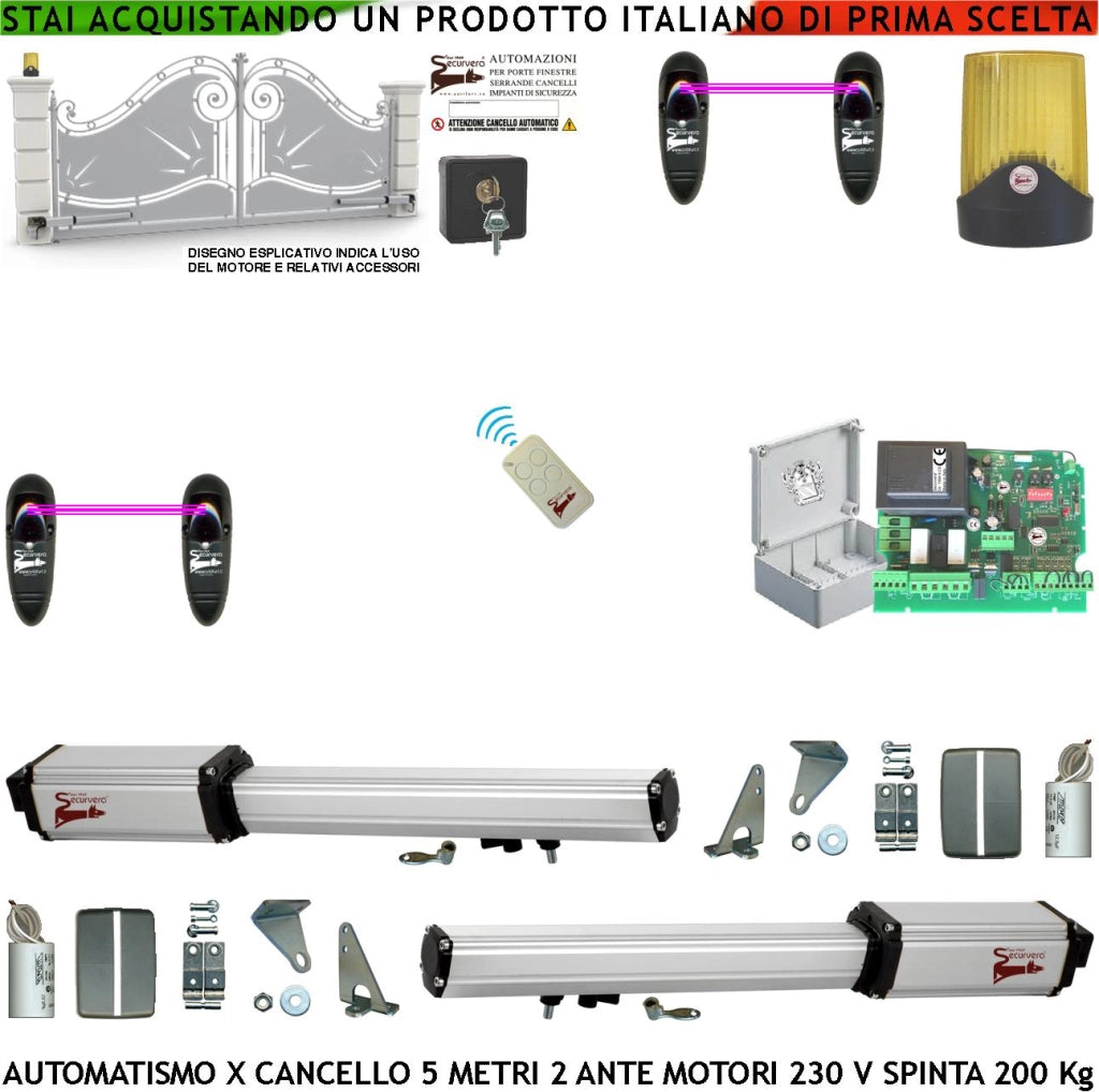 Kit Automatismo Cancello Battente 5 Metri 2 Ante da 2,5 MT 2 Motori Elettromeccanici 230 V Corsa 400 mm Spinta 2 Q.li Sblocco Staffe Centrale Comando Radiocomando Faro 2 Fotocellule Cartello Monitore