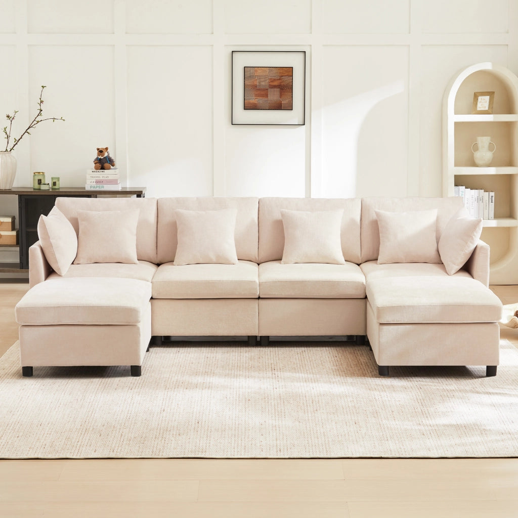 Divano modulare - Zephmum- Trasformabile in U e L, 2 pouf, 6 cuscini, tessuto chenille