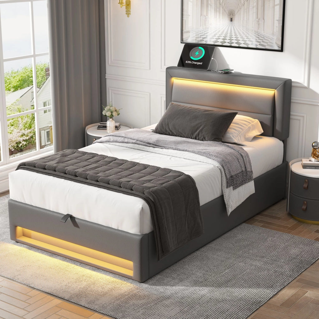 Letto imbottito con USB, LED e contenitore, 90 x 190 cm, grigio