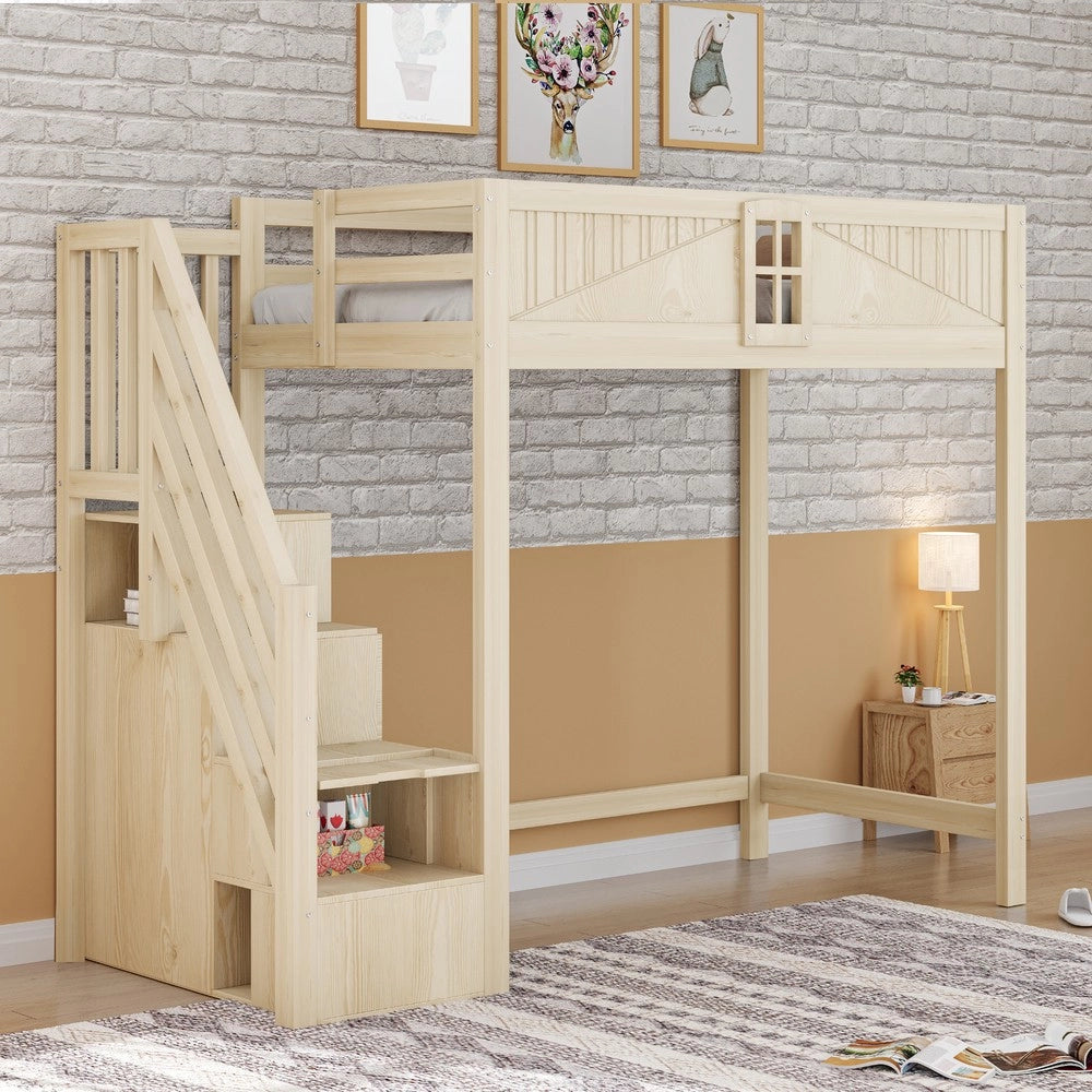 Letto a Soppalco in Legno Massello con Porta e Scala ¨C MINIMAL ¨C 90x200 cm