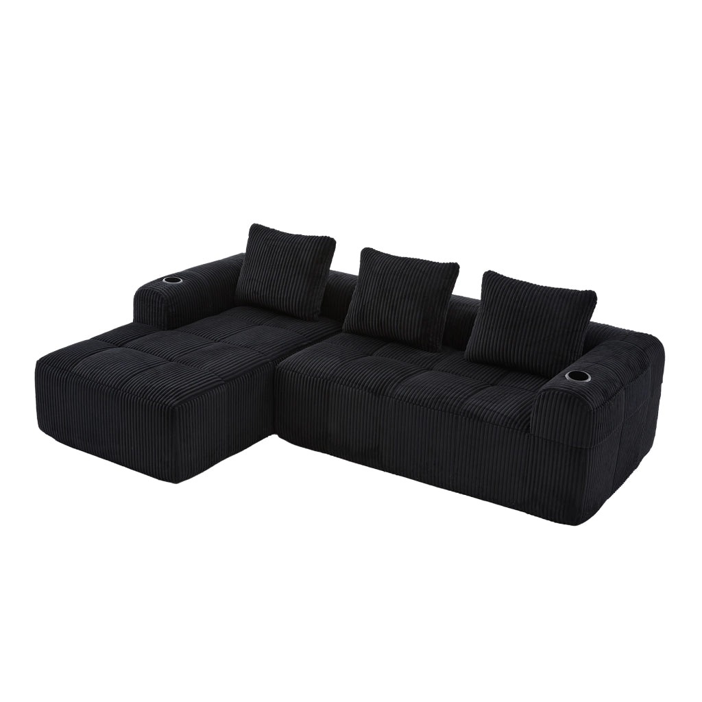 Divano Compatto in Tessuto a Coste con Cuscini ¨C MINIMAL ¨C Nero, Modulare, Portabicchieri