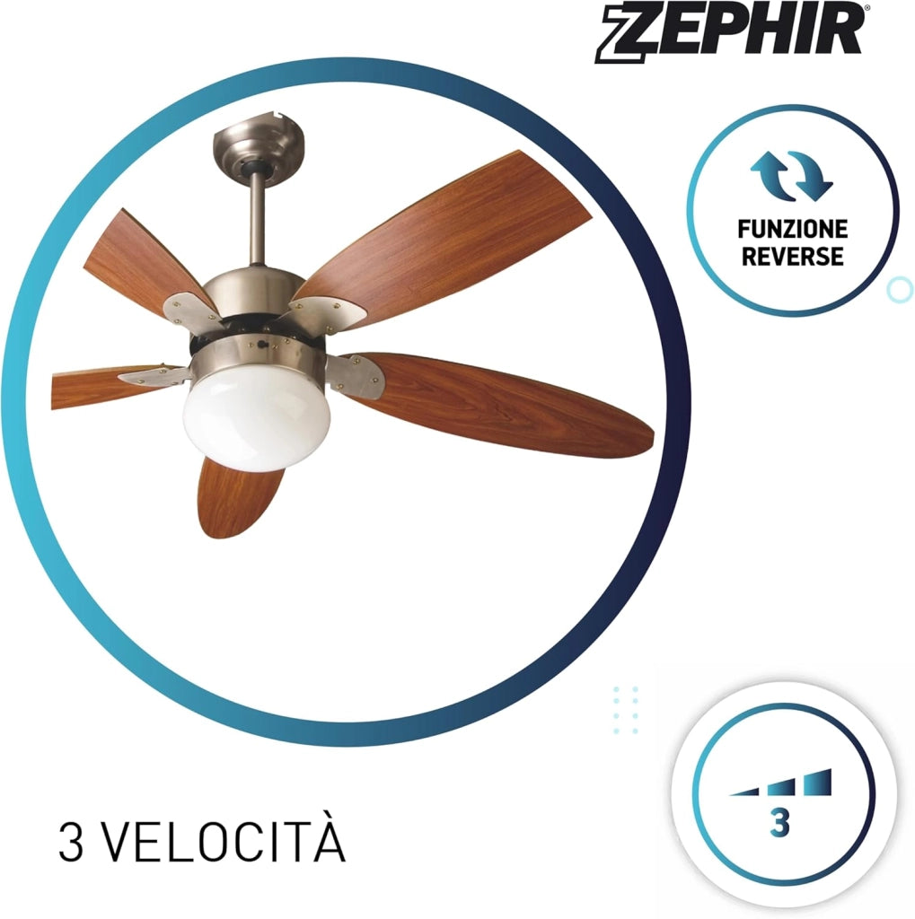 ZEPHIR Ventilatore da Soffitto con Telecomando e Luce E27 130 cm 5 Pale in Legno Marrone Reversibile con Timer 1-8h 3 Velocità 70W
