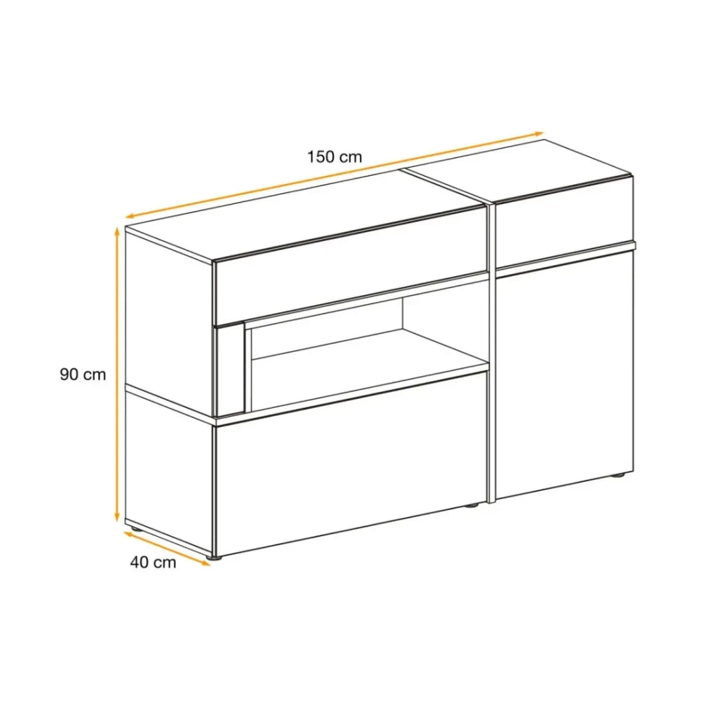 Buffet CRISS – 2 ante, 2 cassetti, LED – Rovere chiaro e nero