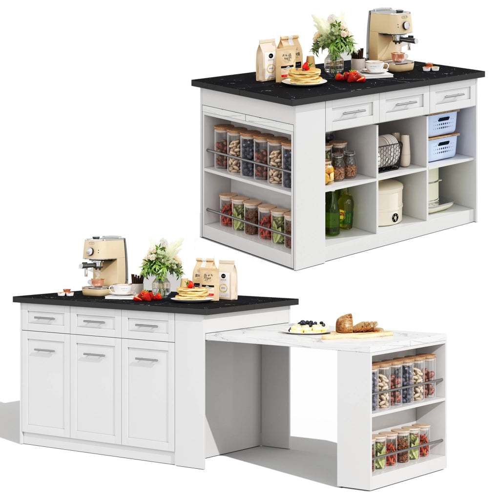 Isola da cucina con tavolo estraibile nascosto da 150+96 cm; bianco con piano marmorizzato; 150x90x90 cm