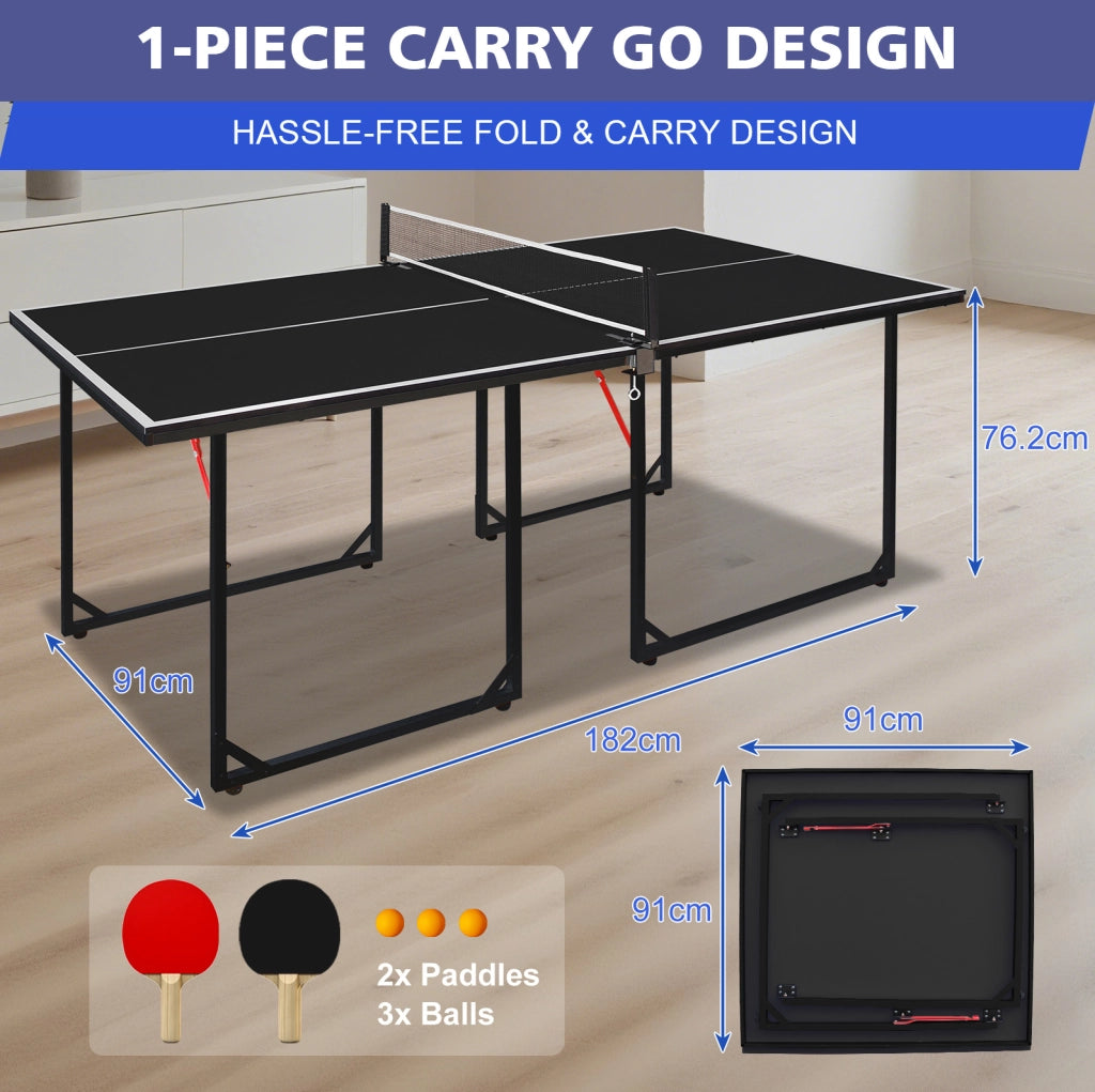 Tavolo da ping pong pieghevole 182 cm nero con rete, racchette e palline