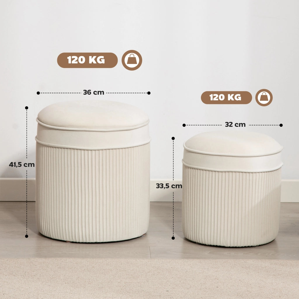 Pouf di stoccaggio in velluto ¨C Minimal ¨C 2 pezzi crema ?36 e ?32 cm