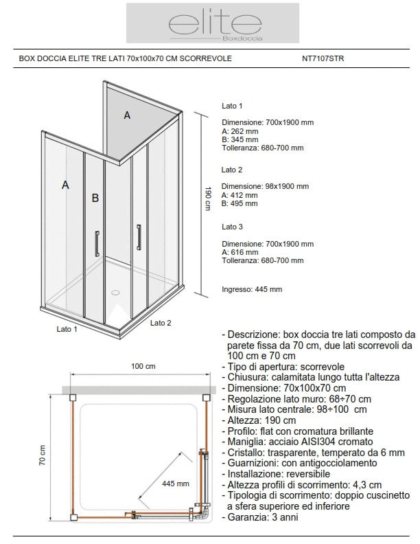 Box Doccia Elite Tre Lati 70x100x70 Cm Scorrevole Opaco