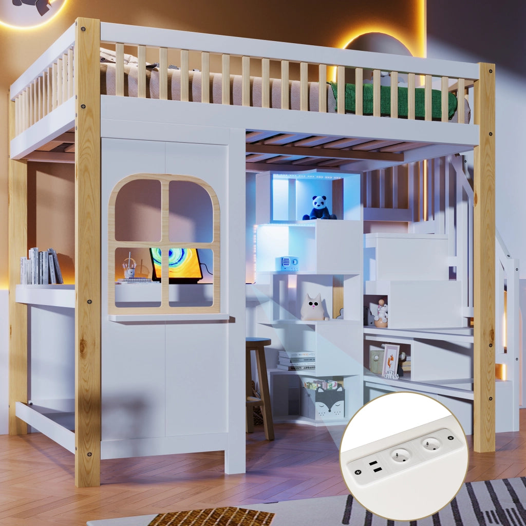 Letto a soppalco 140 × 200 cm con scrivania scala contenitore LED e presa elettrica in legno bianco naturale