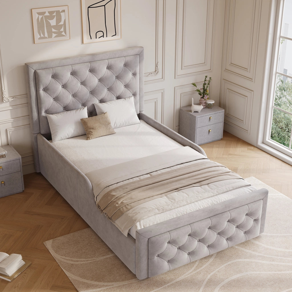LETTO imbottito 90x200 cm con contenitore idraulico, velluto grigio