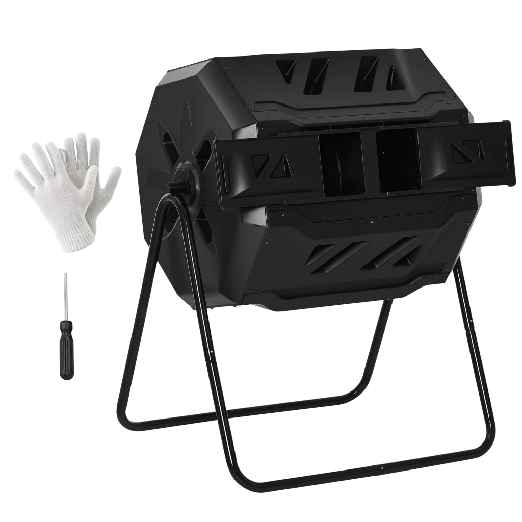 Compostiera da Giardino Rotante 160 L a 2 Scomparti, Bidone Compostaggio in Plastica e Metallo Nero, 71 cm x 65 cm x 96 cm