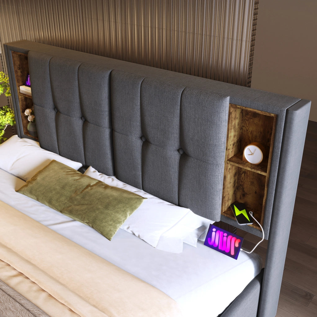 Letto imbottito 140x200 con ricarica wireless, USB e contenitore