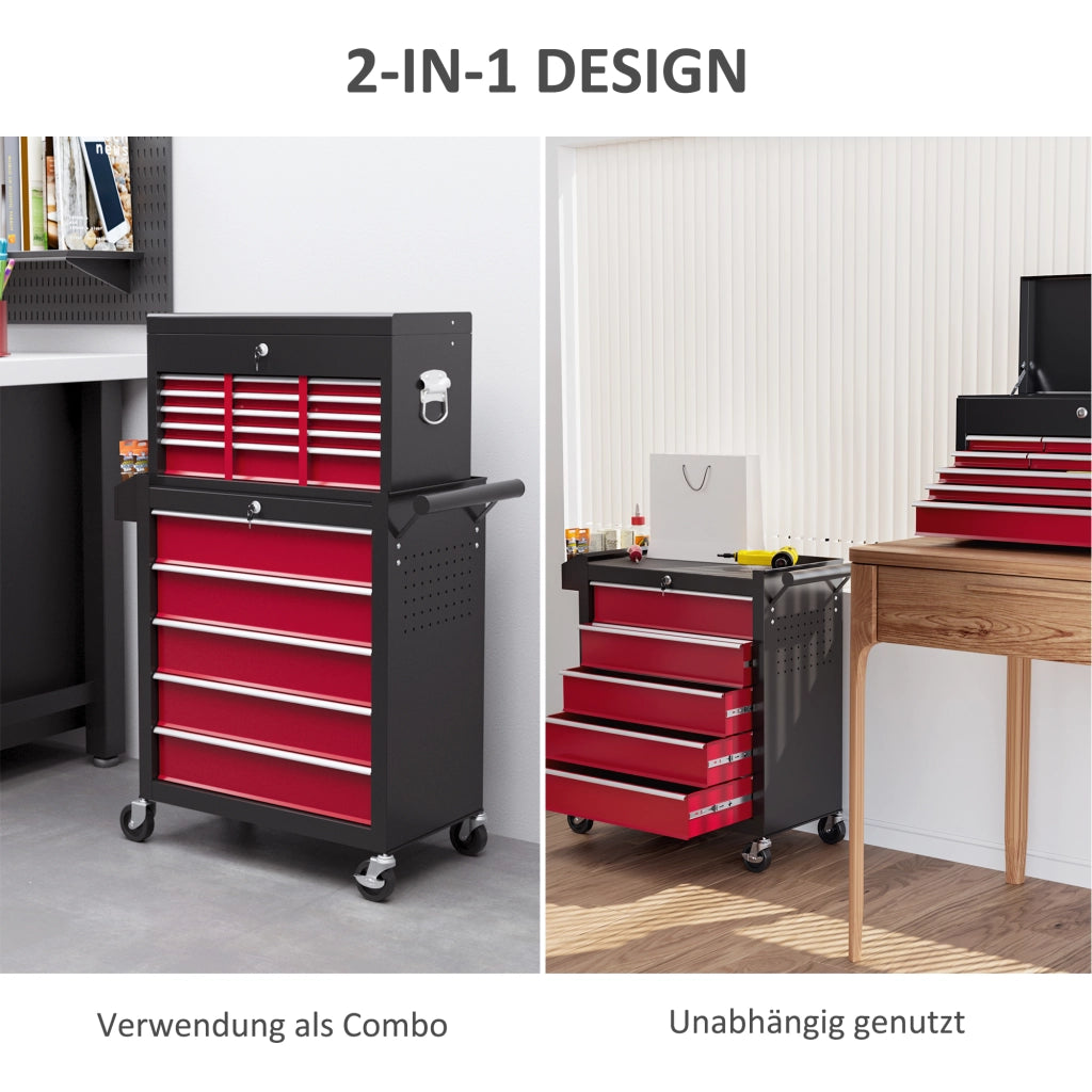 Carrello attrezzi a cassetti con pannello forato ¨C zephmum ¨C 14 cassetti, acciaio, rosso