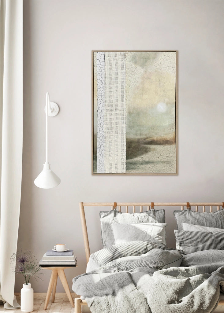 Tela incorniciata dipinta Hispanohogar astratta verde, bianco e beige 90x60